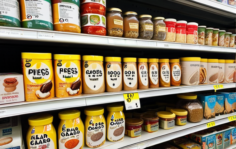 **
A close-up shot of a Malaysian supermarket shelf filled with various food products. The focus is on the nutrition labels on the packaging. Some labels are highlighted with circles around the "Serving Size," "% Daily Value (%DV)," and "Added Sugar" sections. Add a magnifying glass hovering over one of the labels, emphasizing the importance of reading and understanding the information.
**